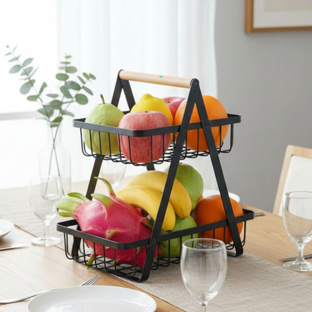 2 Tier Metal Fruit Basket: Portable Kitchen Storage Countertop Rack for Fruits & Vegetables