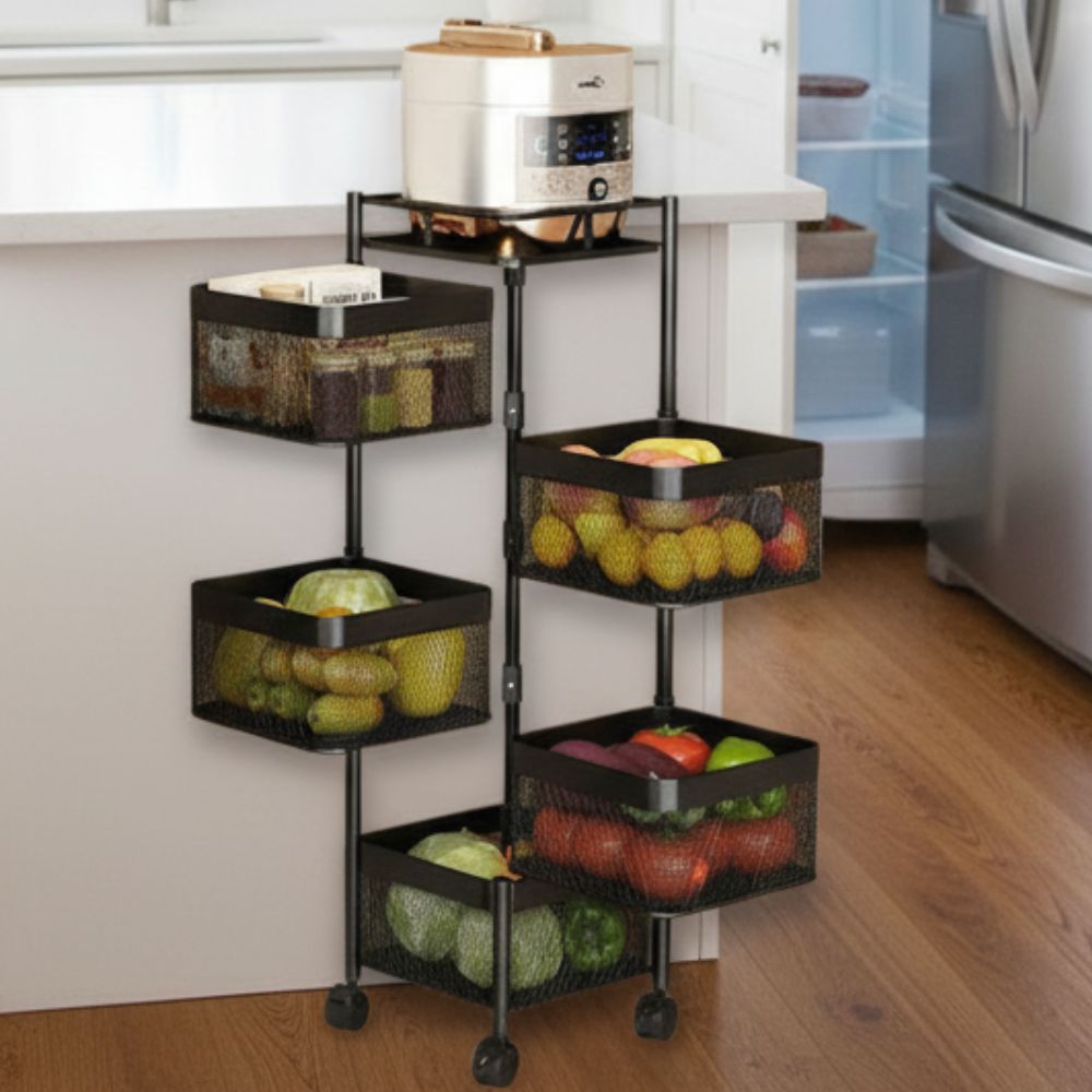 5 Tier Rotating Square Carbon Steel Fruit and Vegetable Storage Basket