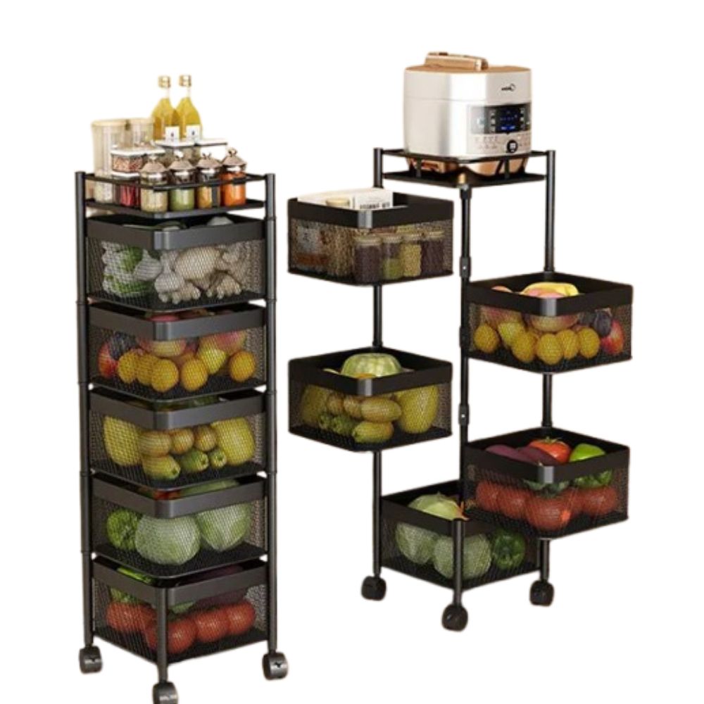 5 Tier Rotating Square Carbon Steel Fruit and Vegetable Storage Basket: