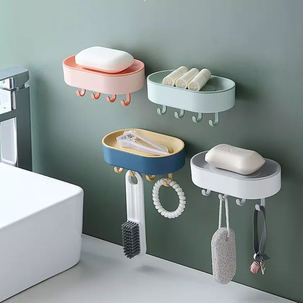 ABS Plastic Adhesive Sticker Waterproof Kitchen Bathroom Soap Case Holder with Hook