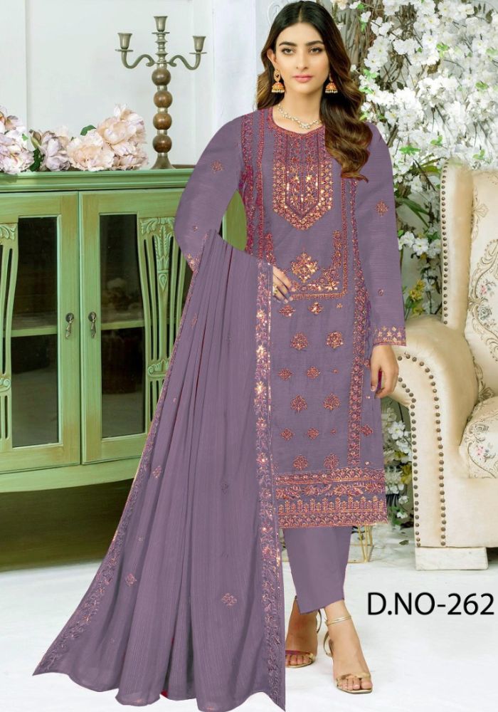 Embroidered Georgette Three-Piece Ladies Salwar Kameez Deep Ash Color