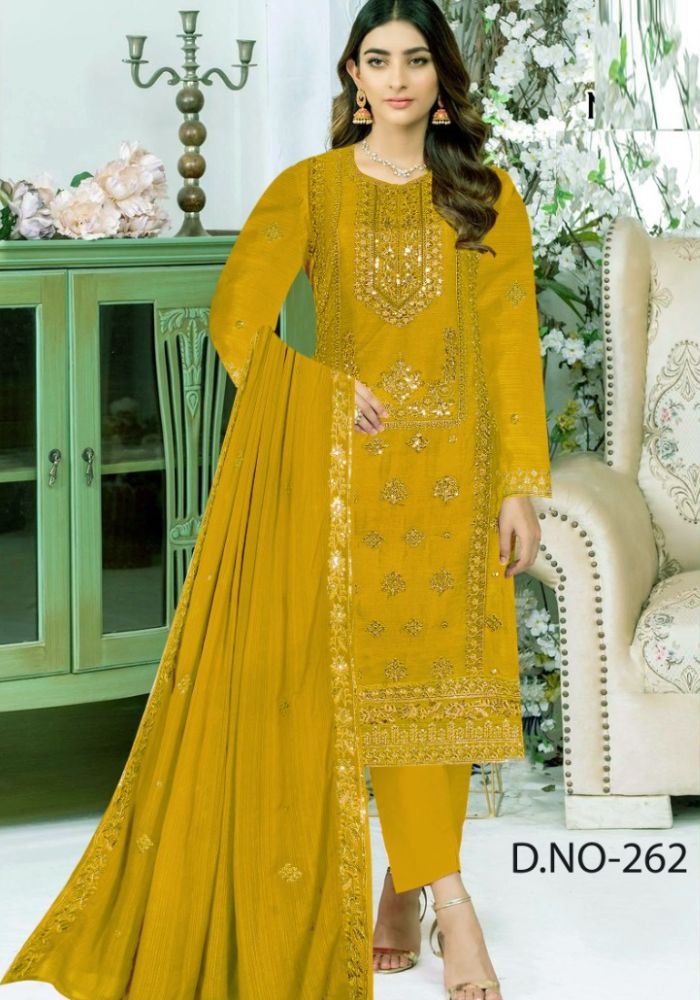 Embroidered Georgette Three-Piece Ladies Salwar Kameez Golden Color