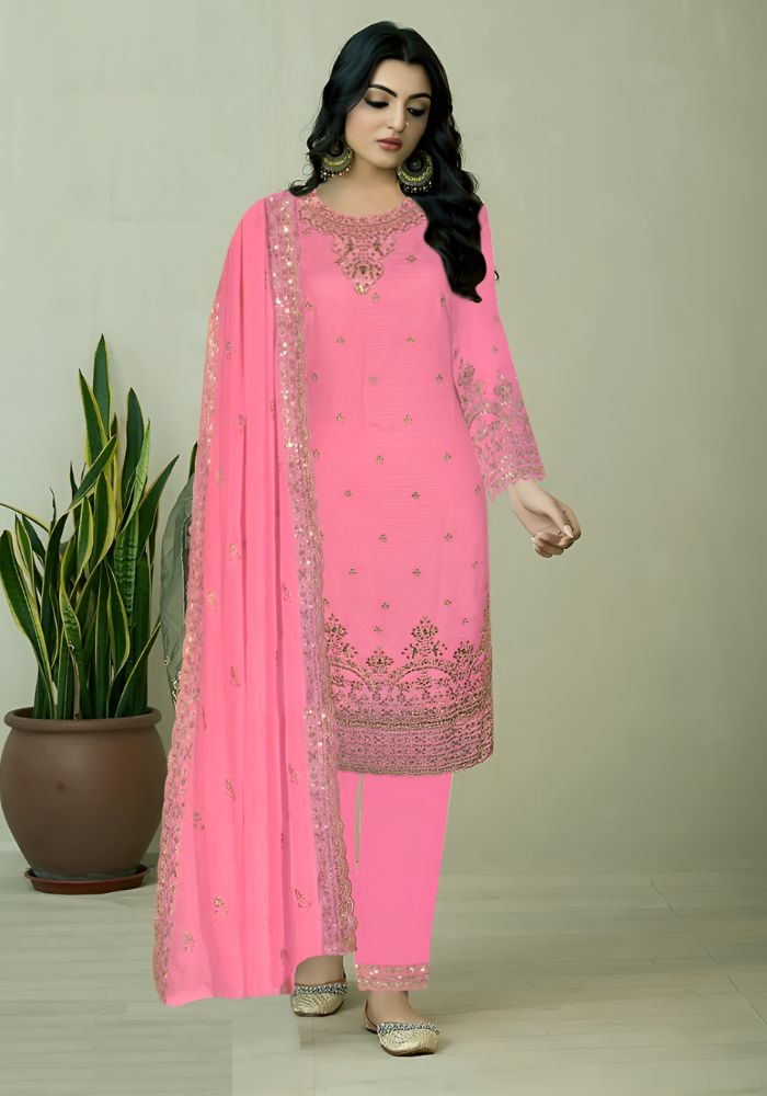 Round Neck with Heavy Embroidery Pink Color Salwar Kameez