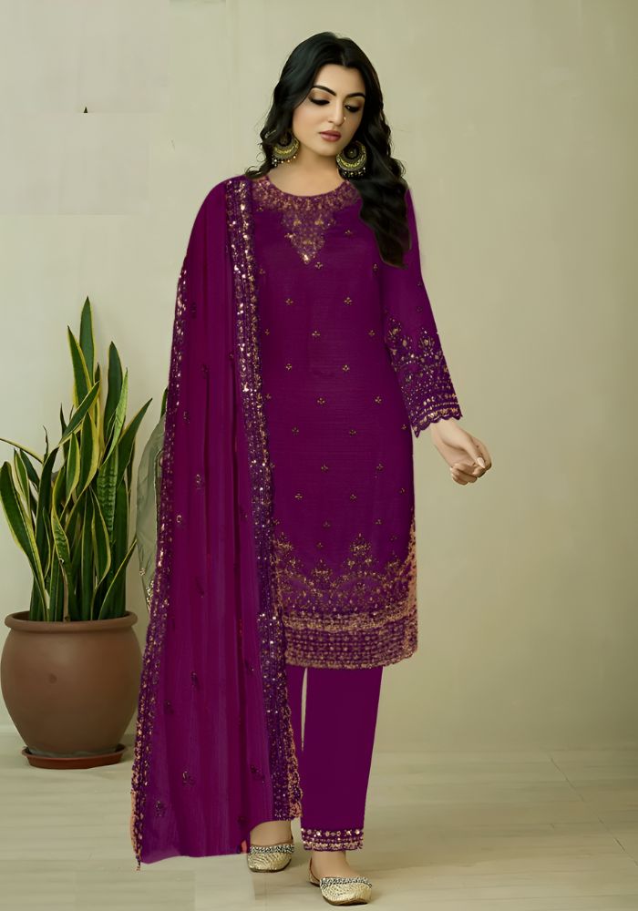 Round Neck with Heavy Embroidery Magenta Color Salwar Kameez