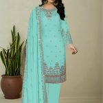 Round Neck with Heavy Embroidery Blue Color Salwar Kameez