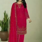 Round Neck with Heavy Embroidery Maroon Color Salwar Kameez