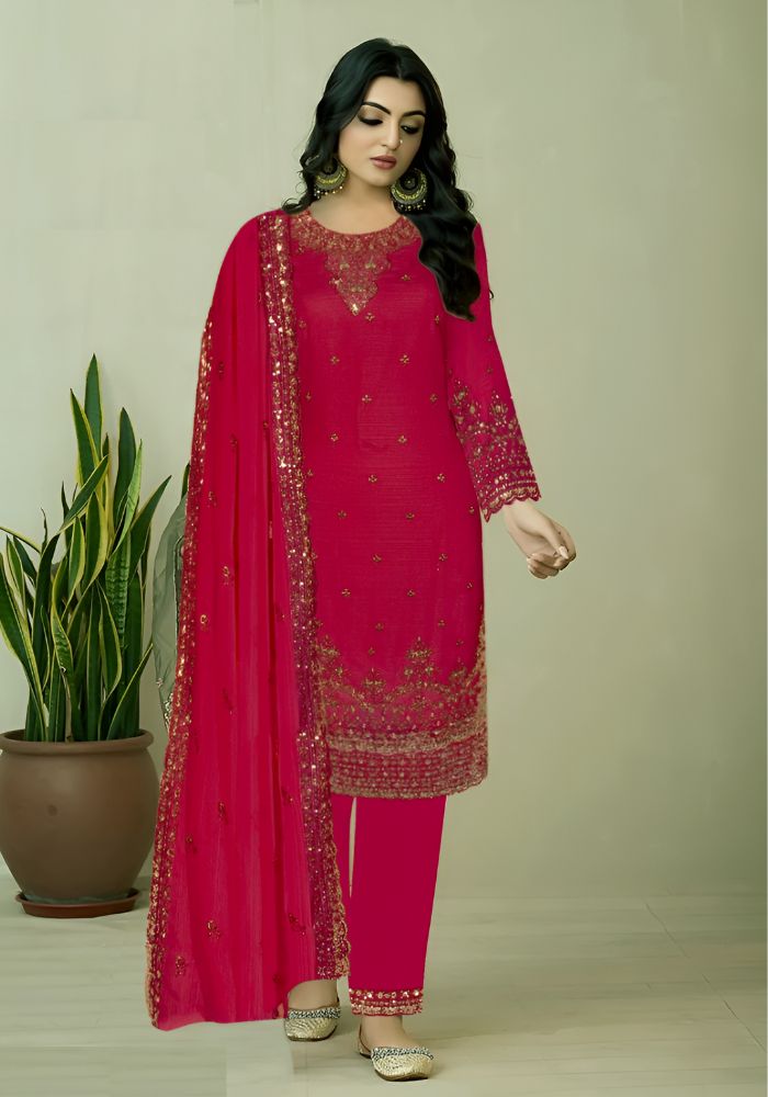 Round Neck with Heavy Embroidery Maroon Color Salwar Kameez
