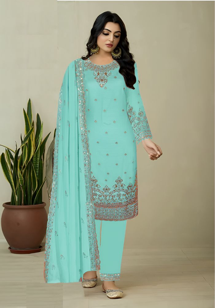 Round Neck with Heavy Embroidery Blue Color Salwar Kameez