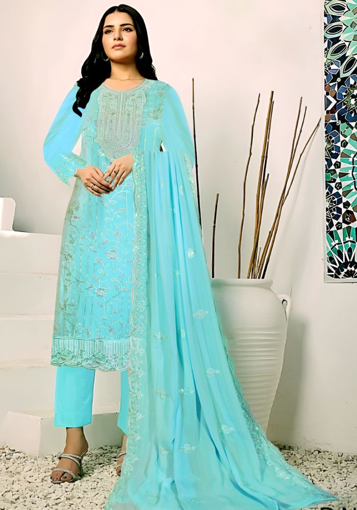 Exclusive Embroidery Work Salwar Kameez Blue Color