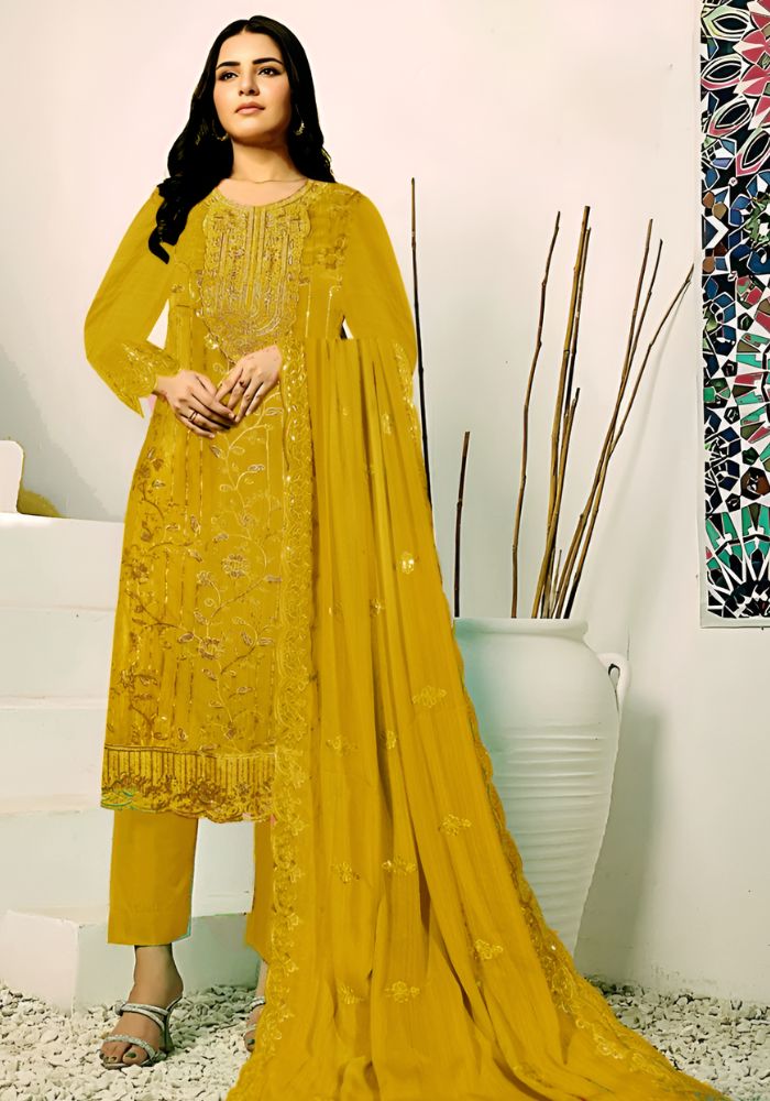 Exclusive Embroidery Work Salwar Kameez Golden Color