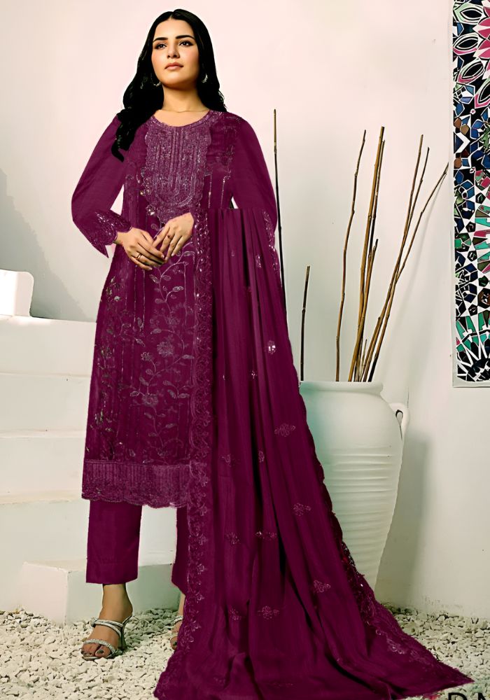 Exclusive Embroidery Work Salwar Kameez Magenta Color
