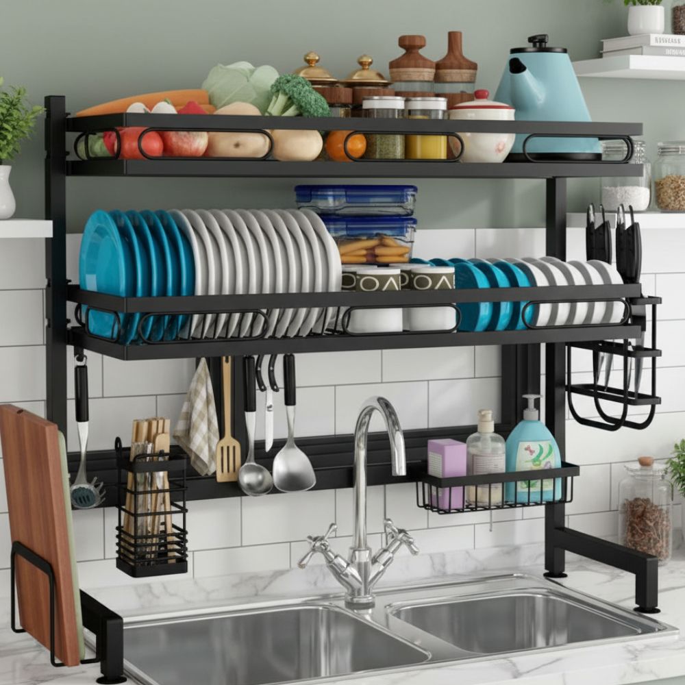 Dish Drying Rack Over Sink 2 Tier Kitchen Supplies Storage Shelf