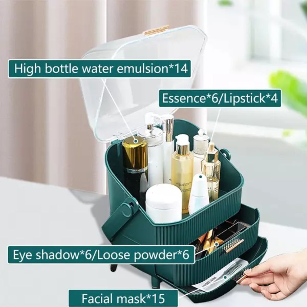 Makeup Storage Organizer 2-Layer Cosmetics Display Case with Dustproof Lid & Handle (1)