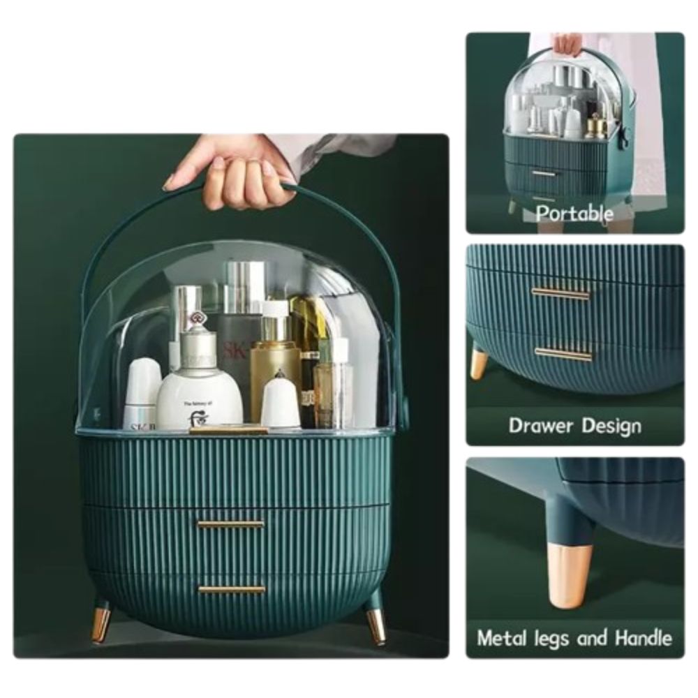 Makeup Storage Organizer 2-Layer Cosmetics Display Case with Dustproof Lid & Handle (2)