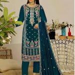 Heavy Embroydery Salwar Kameez Noor Style Bottle Green Color Three Pieces