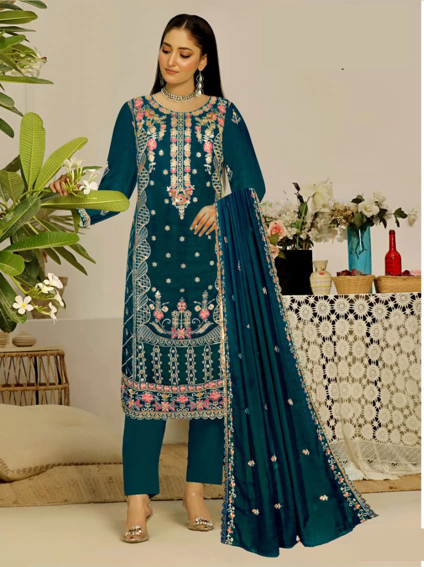 Heavy Embroydery Salwar Kameez Noor Style Bottle Green Color Three Pieces