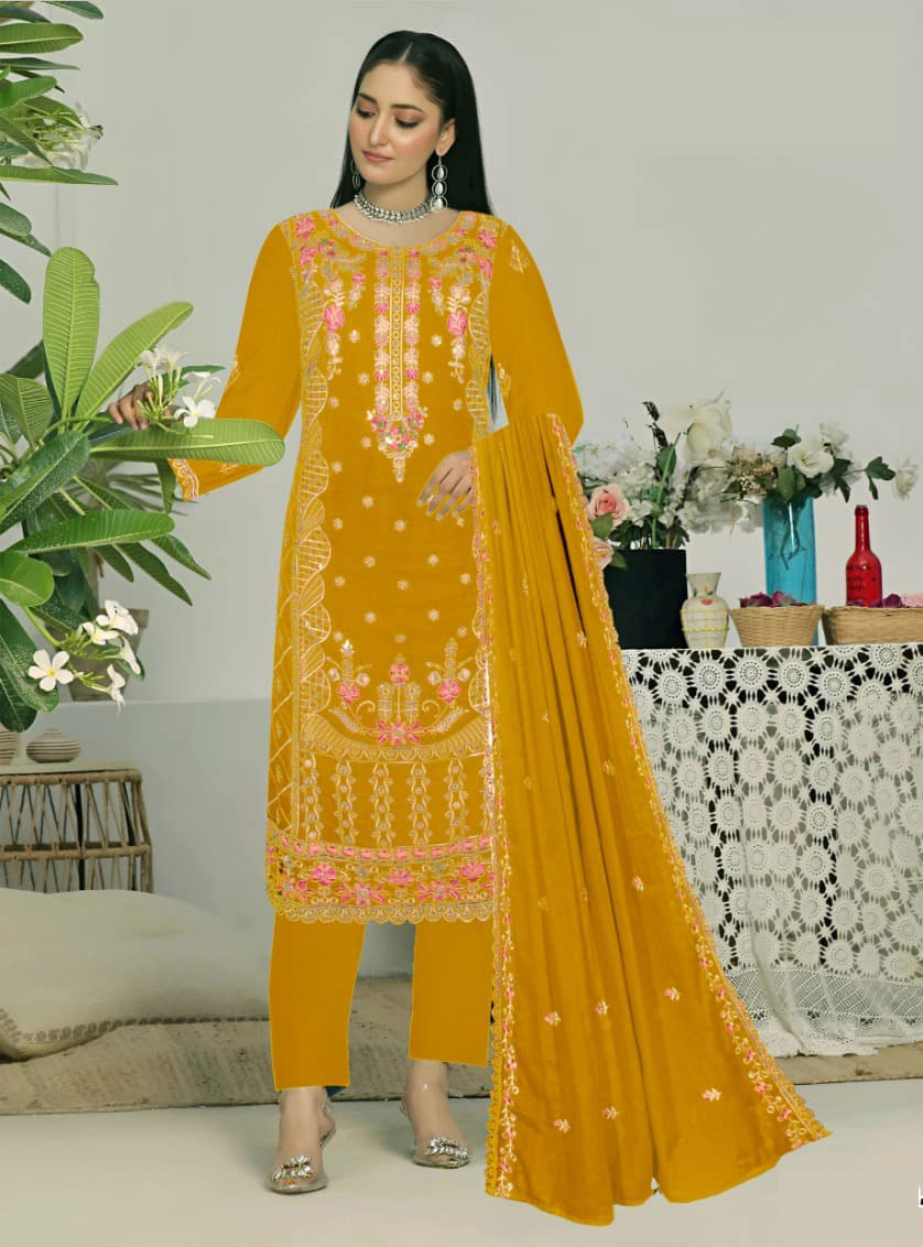 Heavy Embroydery Salwar Kameez Noor Style Golden Color Three Pieces
