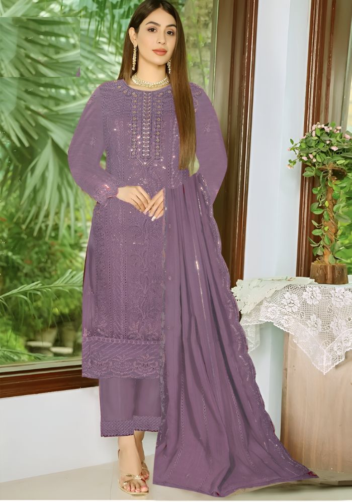 Heavy Embroydery Salwar Kameez Noor Style Deep Ash Three Pieces