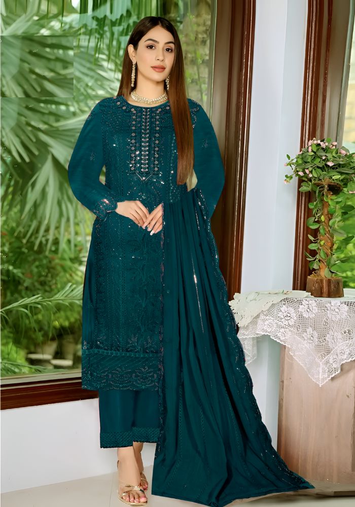 Heavy Embroydery Salwar Kameez Noor Style Bottle Green Three Pieces
