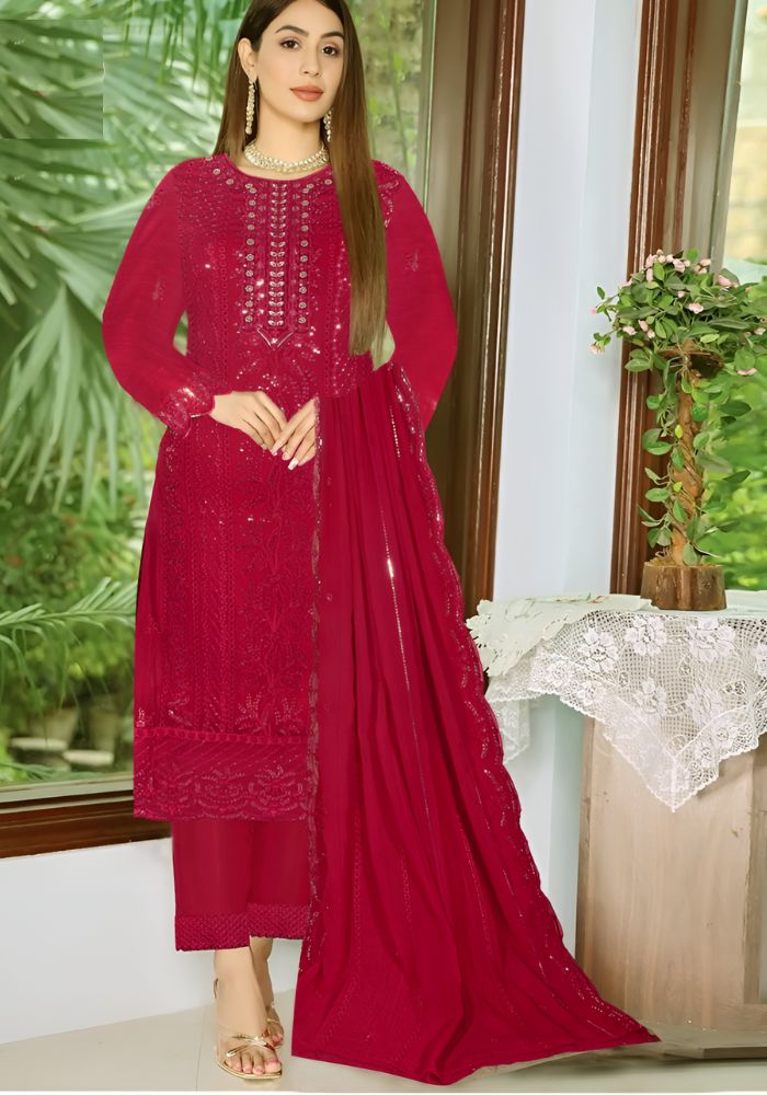 Heavy Embroydery Salwar Kameez Noor Style Maroon Color Three Pieces