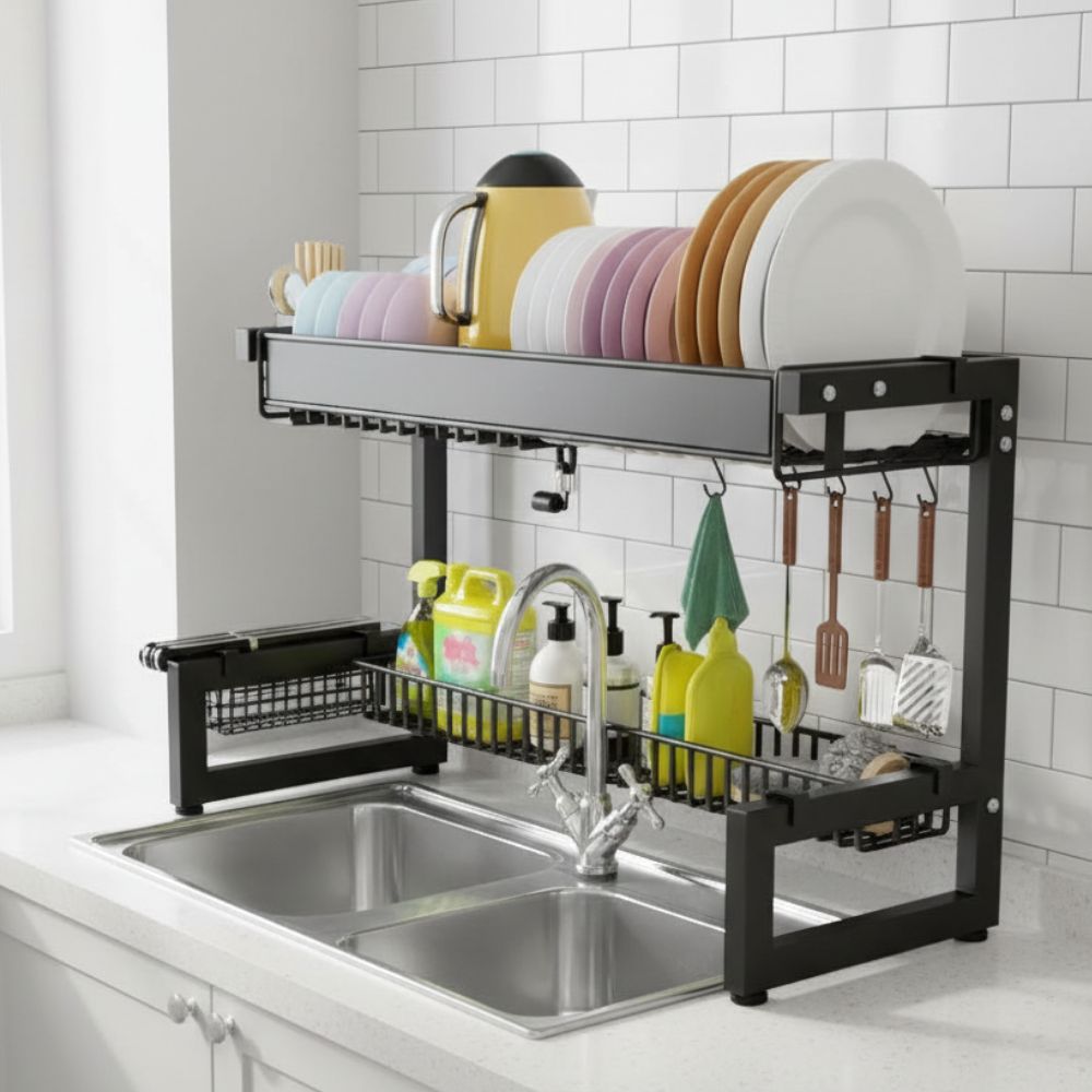 Over The Sink Dish Drying Rack 2 Tier Space-Saving Carbon Steel Kitchen Organizer