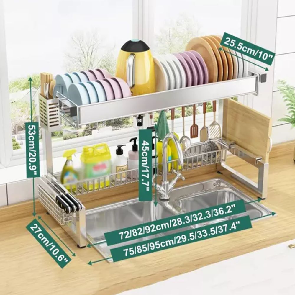 Over The Sink Dish Drying Rack 2 Tier Space-Saving Stainless Steel Kitchen Organizer (1)