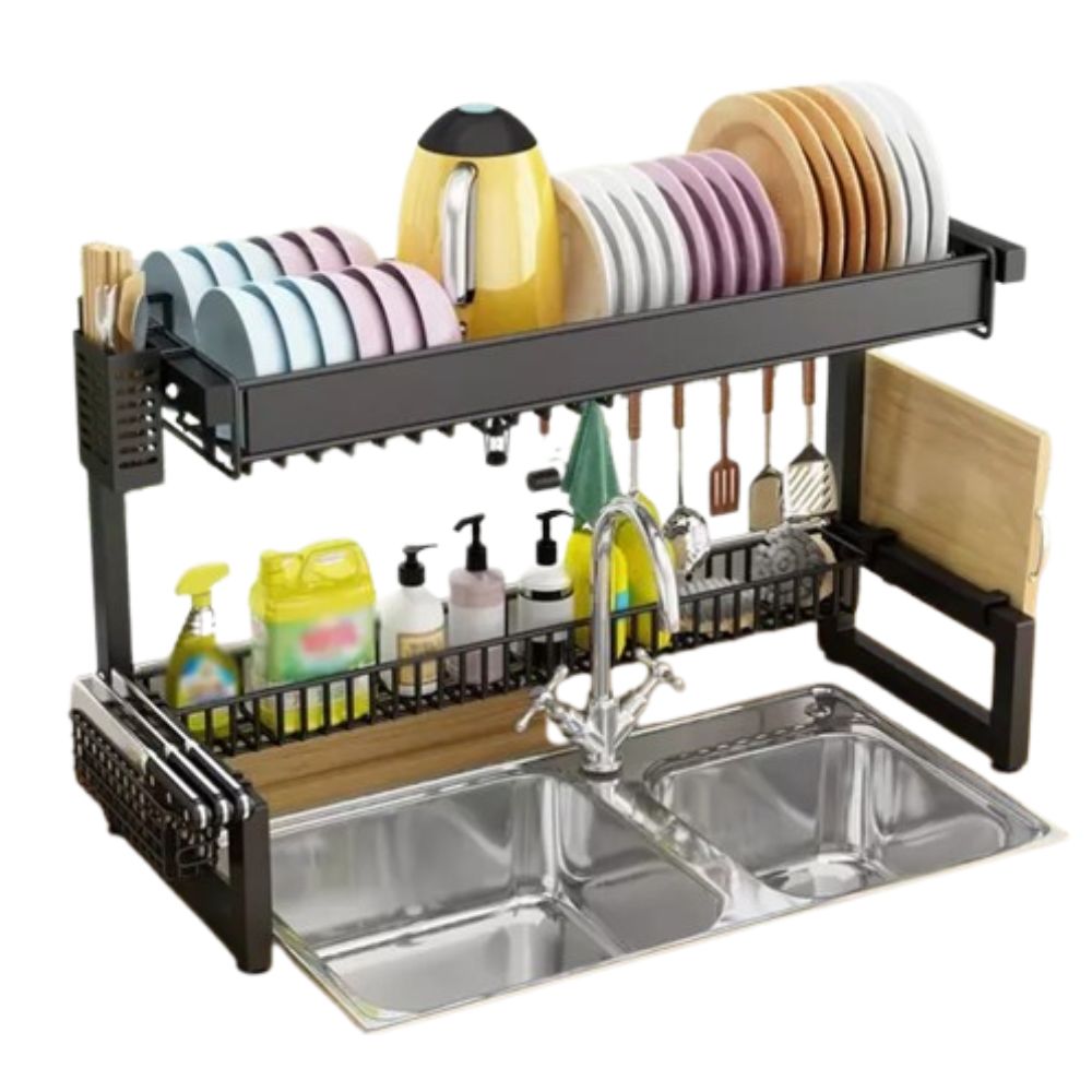 Over The Sink Dish Drying Rack 2 Tier Space-Saving Carbon Steel Kitchen Organizer