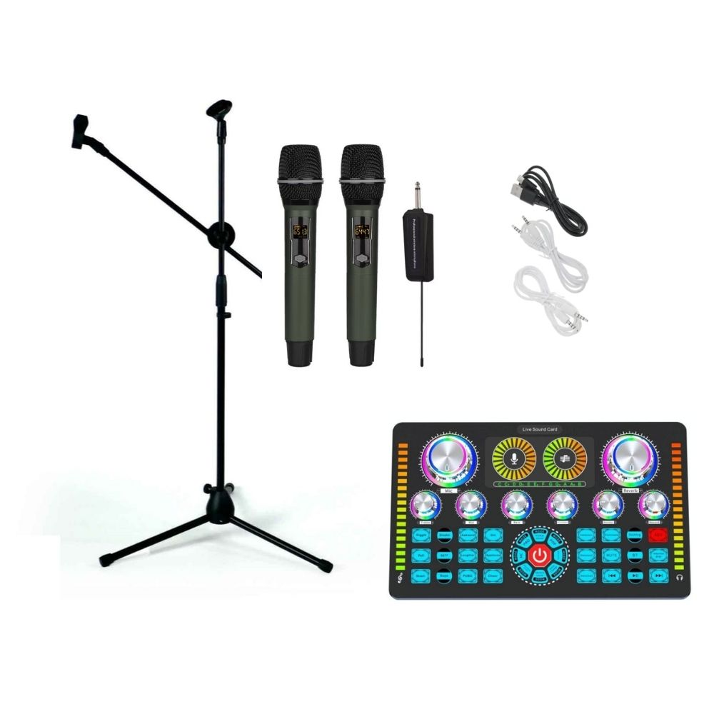 Shengfu Dual Wireless Microphone & Q7 Sound Card Combo with Mic Stand