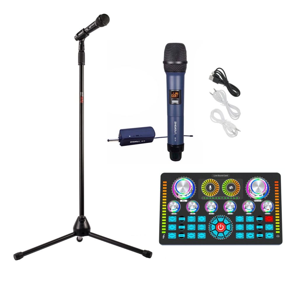 Shengfu Wireless Microphone & Q7 Sound Card Combo with Mic Stand