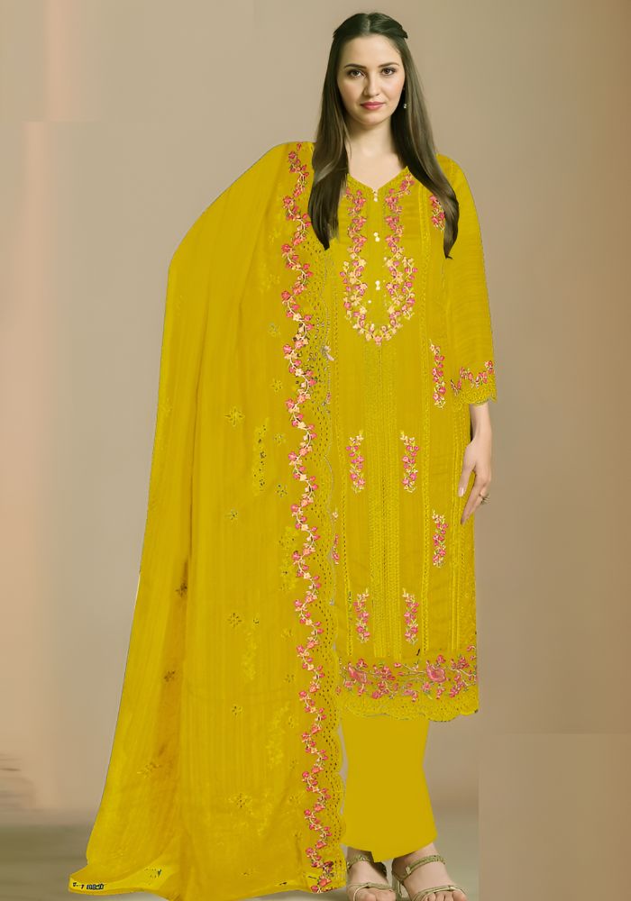 Vipul Fashion Amina Heavy Embroidery Work Chiffon Suit Golden Color