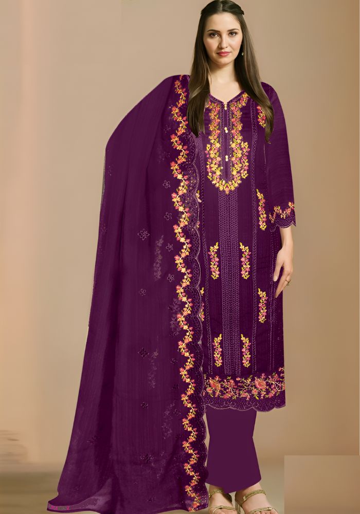Vipul Fashion Amina Heavy Embroidery Work Chiffon Suit Magenta Color
