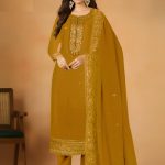 Embroidered Georgette Ceremonial Salwar Kameez Yellow Color