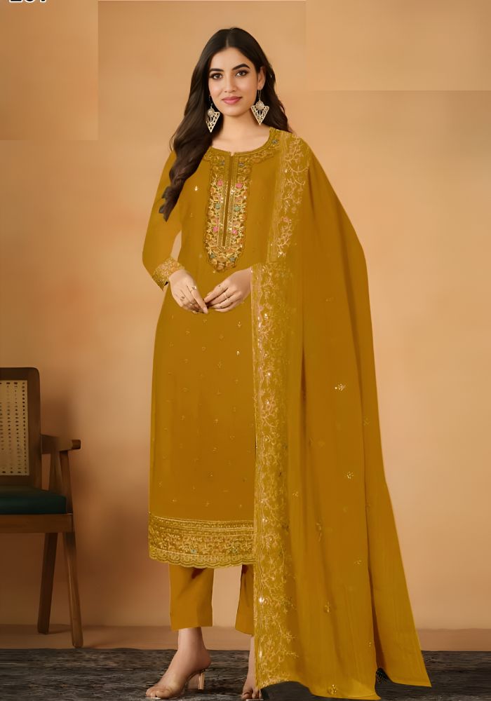 Embroidered Georgette Ceremonial Salwar Kameez Yellow Color