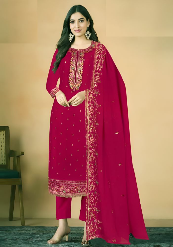 Embroidered Georgette Ceremonial Salwar Kameez Magenta Color