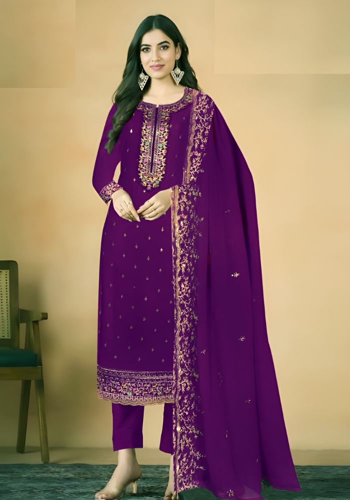 Embroidered Georgette Ceremonial Salwar Kameez Purple Color