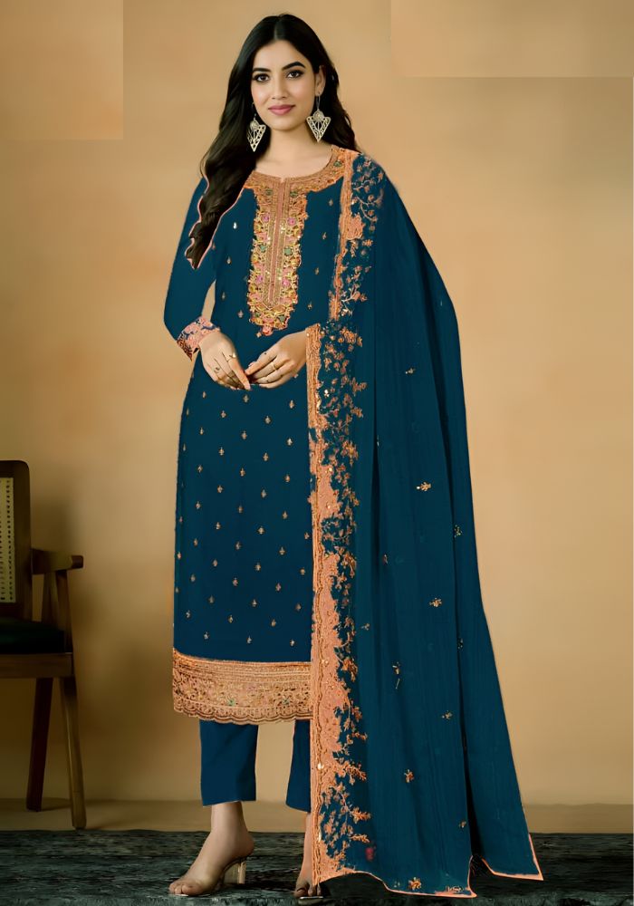 Embroidered Georgette Ceremonial Salwar Kameez Green Color
