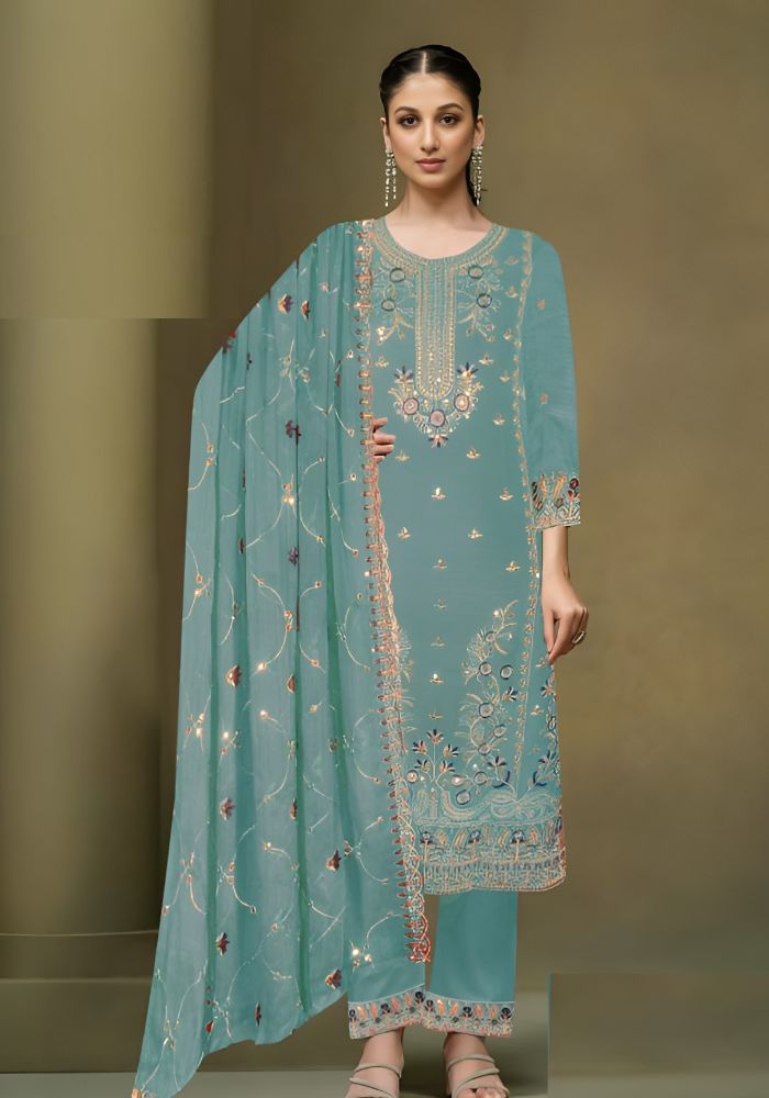 Exclusive Embroidered Three-Piece Sky Blue Color Sawar Kameez