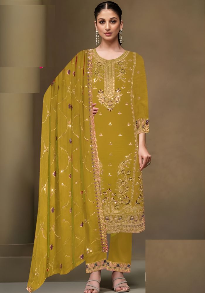 Exclusive Embroidered Three-Piece Yellow Color Sawar Kameez