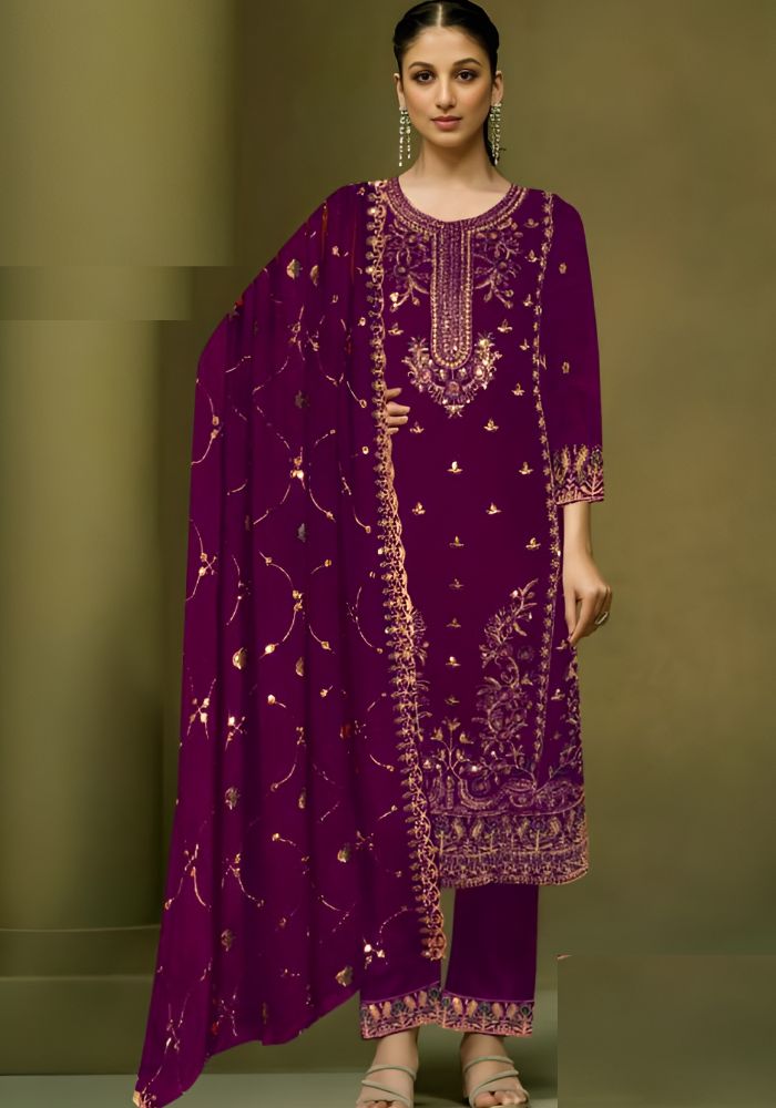 Exclusive Embroidered Three-Piece Purple Color Sawar Kameez