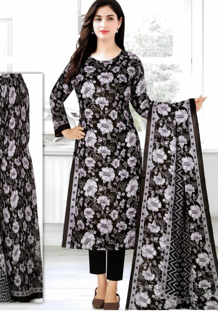 Bonoful Joypury Cotton Flower Printed Three Pieces Black