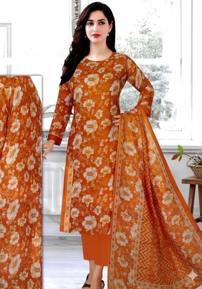 Bonoful Joypury Cotton Flower Printed Three Pieces Orange