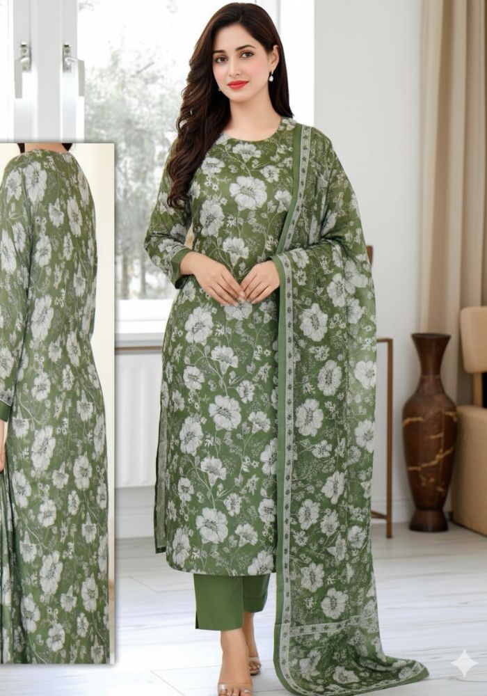 Bonoful Joypury Cotton Printed Three Pieces Green