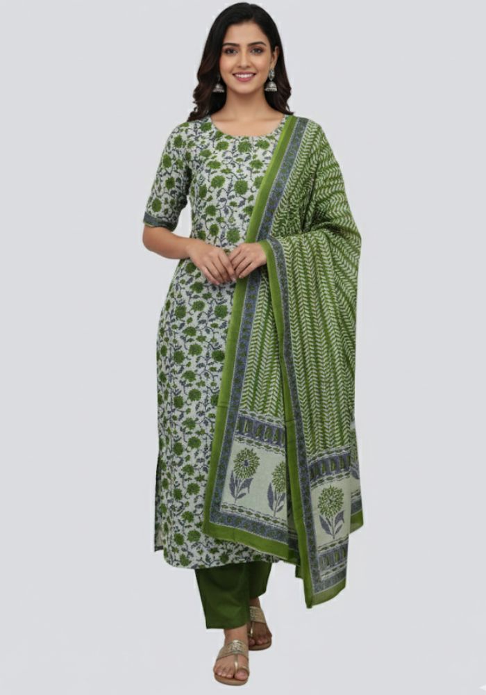 Bonoful Joypury Cotton Printed Three Pieces Oliv Green Color