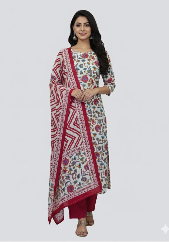 Bonoful Joypury Cotton Printed Three Piece Maroon Color