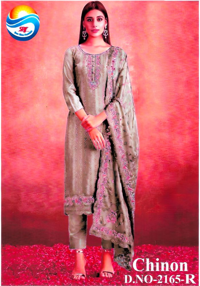 Heavy Embroidery Chinon Fabric Semi Stiched Ash Color Party Dress D 2165 R