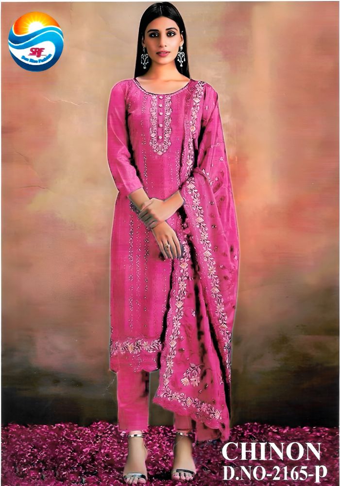 Heavy Embroidery Chinon Fabric Semi Stiched Pink Color Party Dress D 2165 P