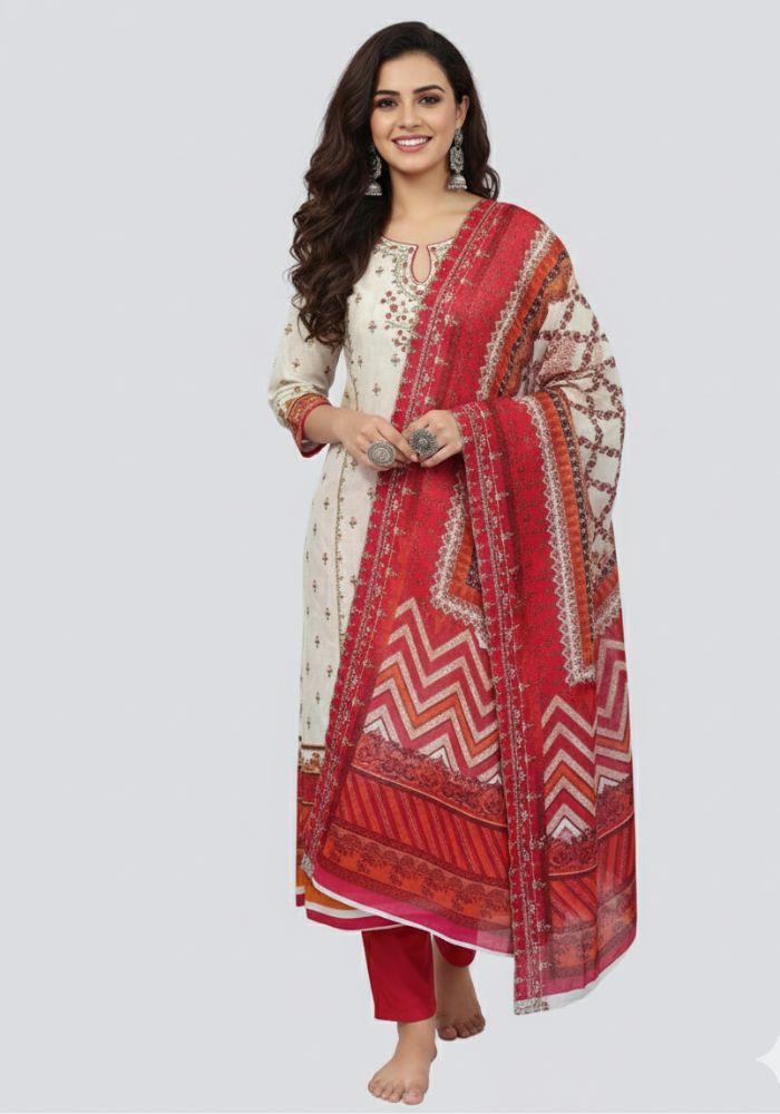 Exclusive Digital Embroidered Three Piece Viral D No 1090 Cream Color