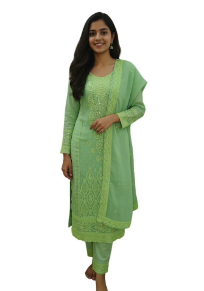 Full Body Embroidery Work Luxuary Shifon Party Dress Green Color