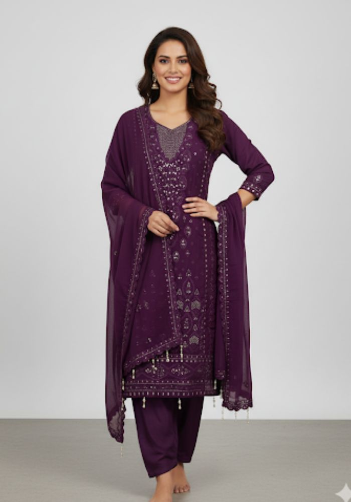 Full Body Embroidery Work Luxuary Shifon Party Dress Magenta Color