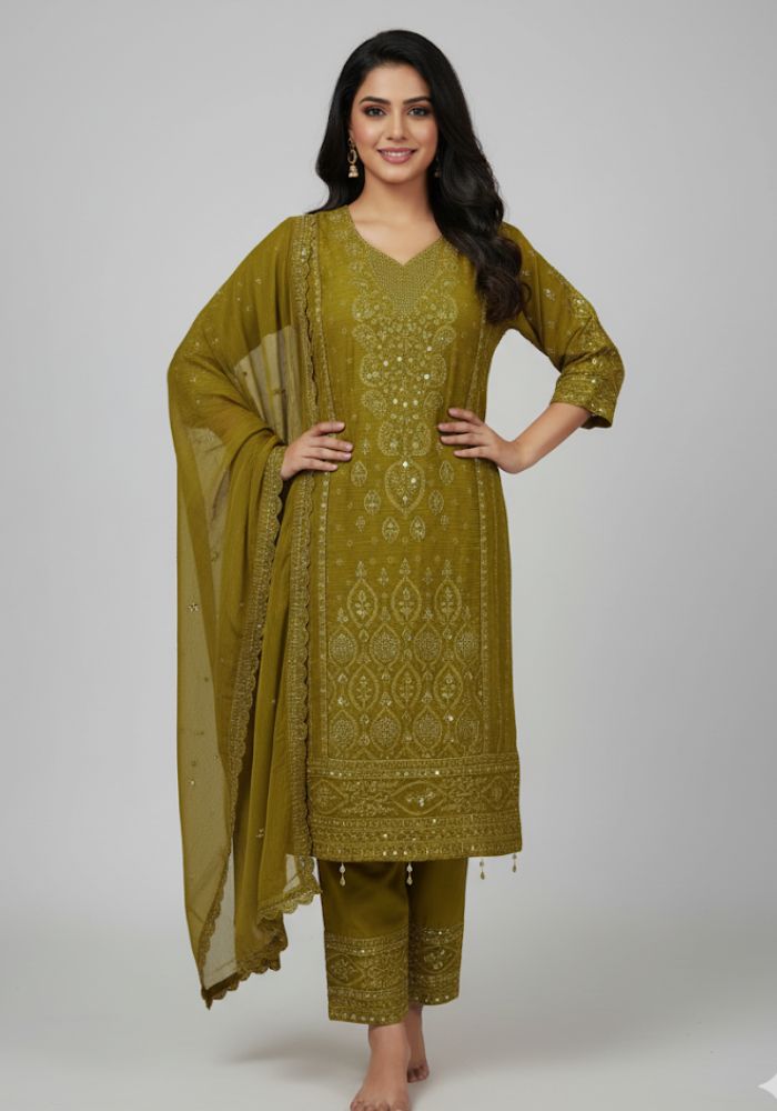 Full Body Embroidery Work Luxuary Shifon Party Dress Oliv Color